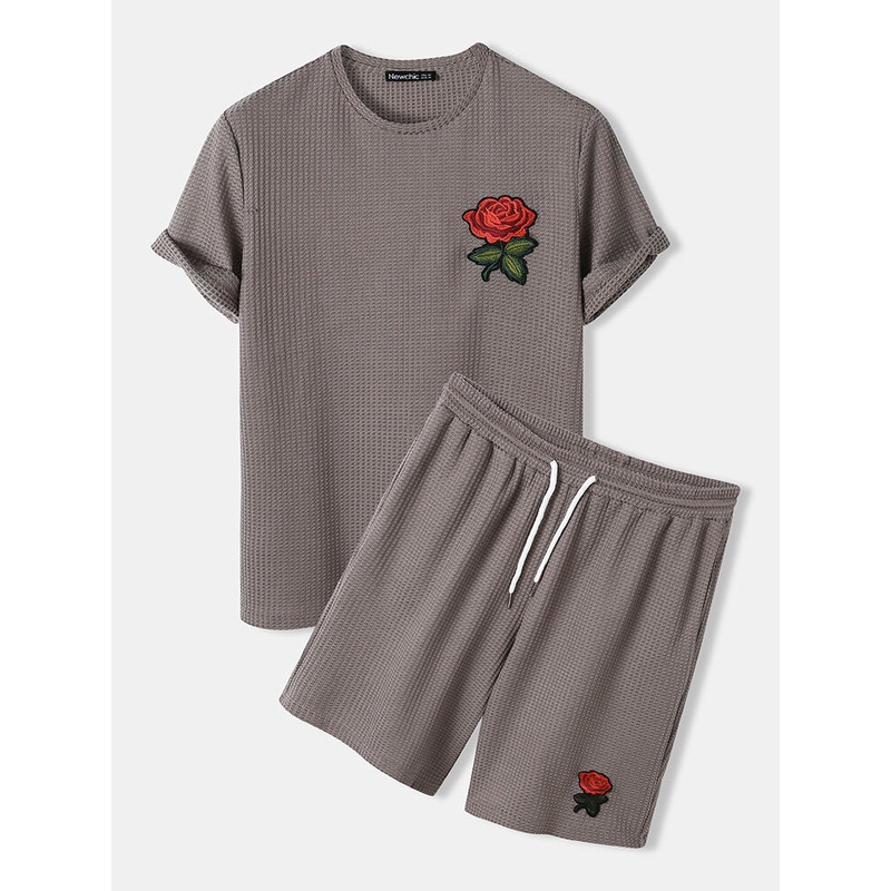 Mens Knitted Rose Embroidery Patch Casual Shirts Shorts Cozy Loungewear