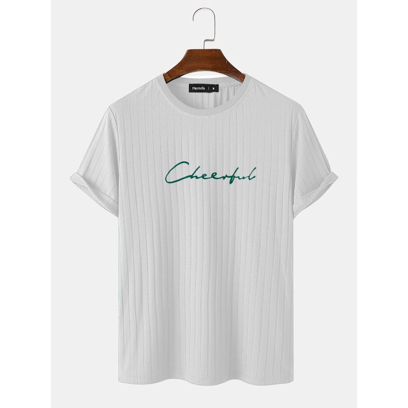 Mens Letter Embroidery Crew Neck Ribbed Short Sleeve T-Shirts