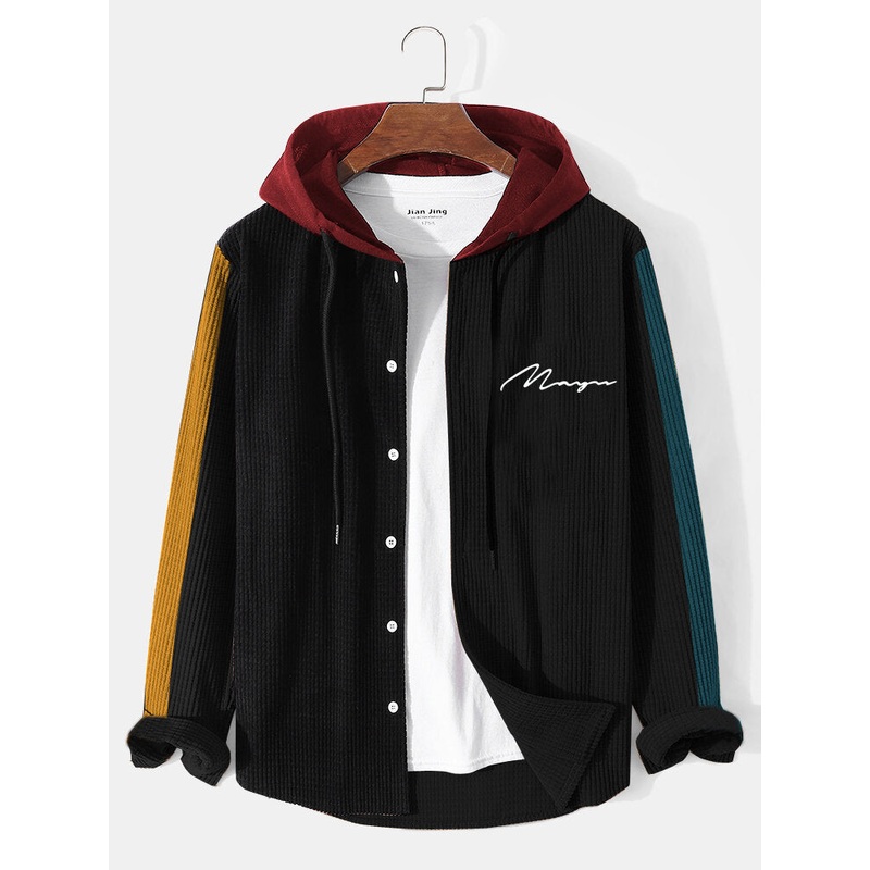 Mens Letter Printed Corduroy Long Sleeve Hooded Jackets