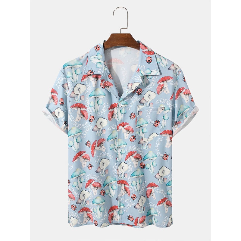 Mens Mushroom Print Revere Collar Short Sleeve Regular Hem Shirt