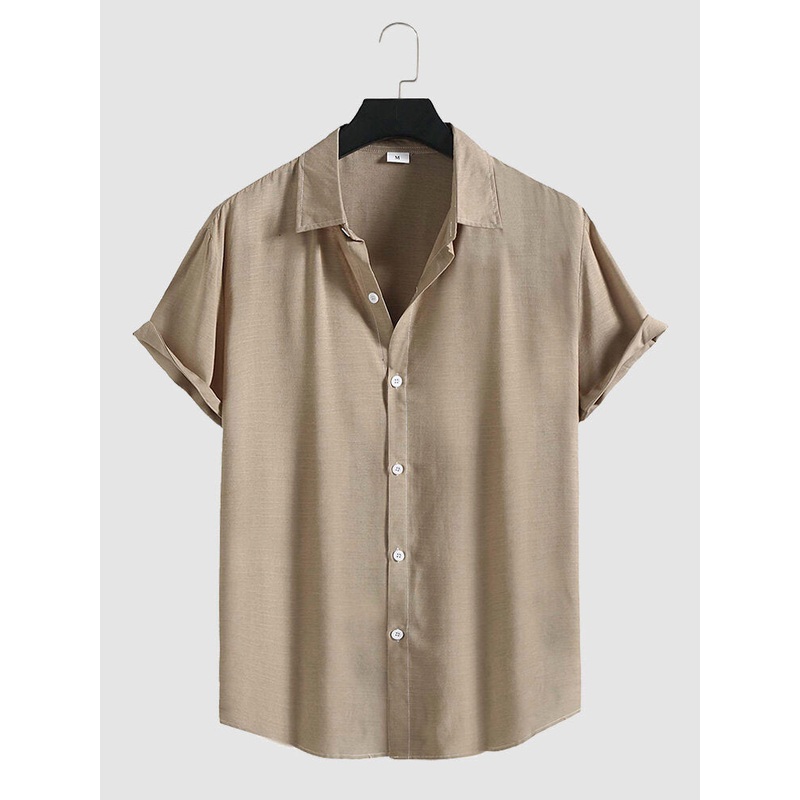 Mens Pure Color Lapel Button Up Cotton Basics Short Sleeve Shirts