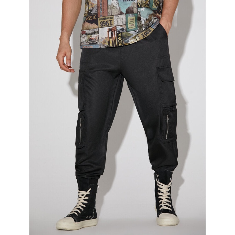 Mens Pure Color Multi Pocket 100% Cotton Cuffed Cargo Pants