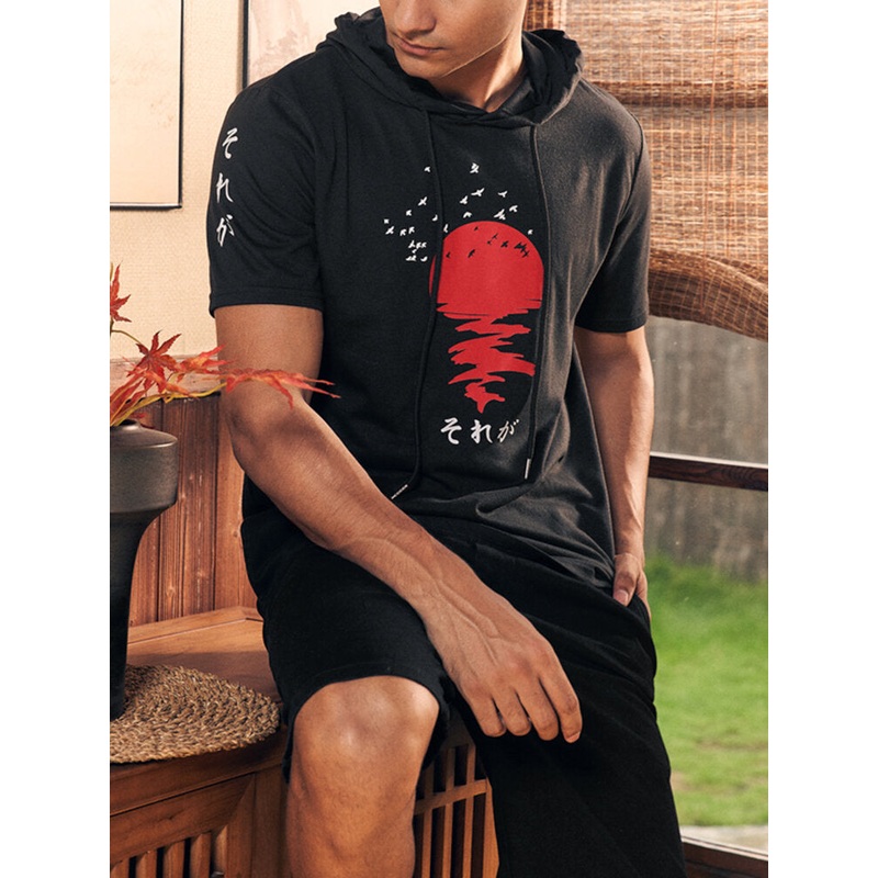 Mens Red Sun Japanese Print Short Sleeve Drawstring Hooded T-Shirts