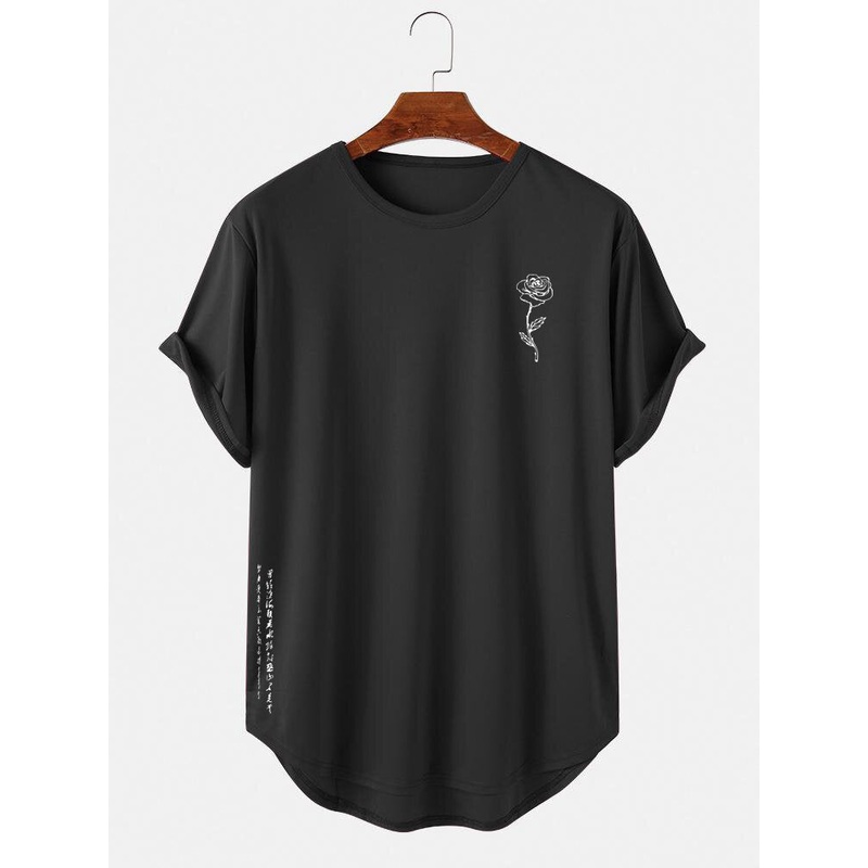 Mens Rose Japanese Print Curved Hem Short Sleeve T-Shirts