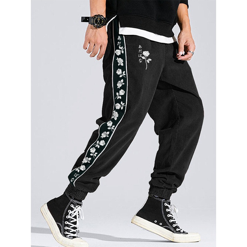 Mens Rose Japanese Side Print Corduroy Loose Drawstring Pants
