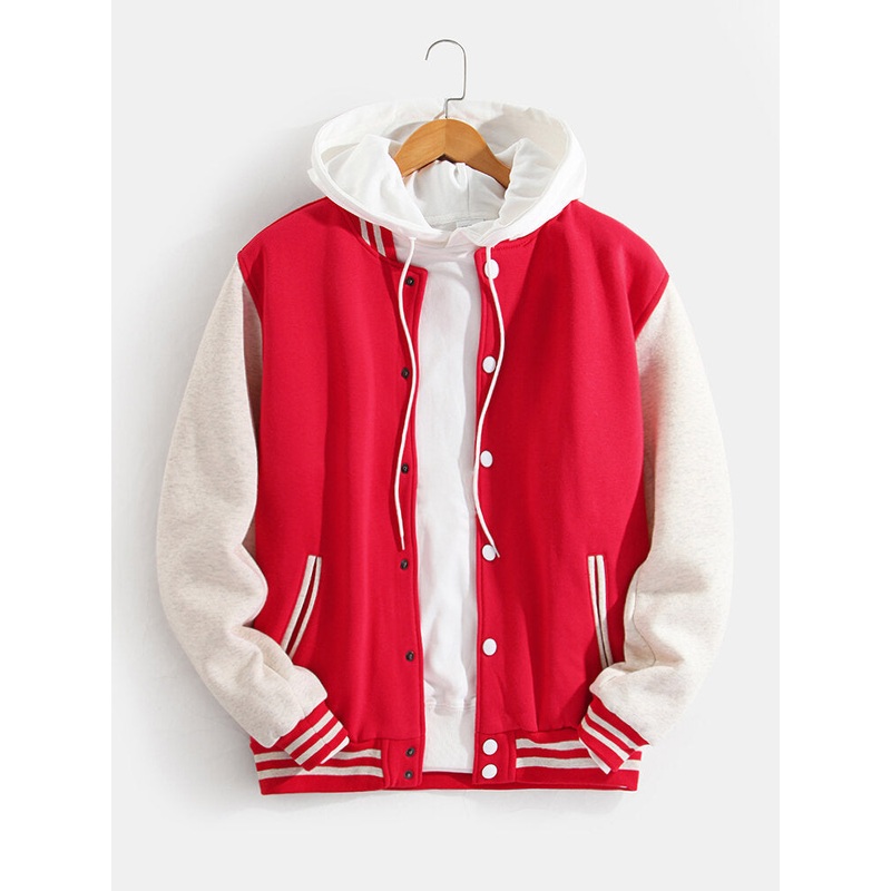 Mens Simple Patchwork Baseball Collar Loose Warm Slant Pocket Jacket