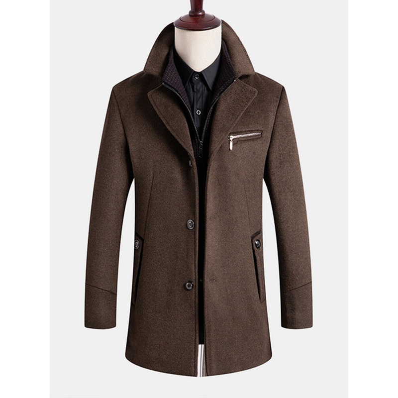 Mens Single-Breasted Business Mid-Length Woolen Trench Coats With Detachable Vest