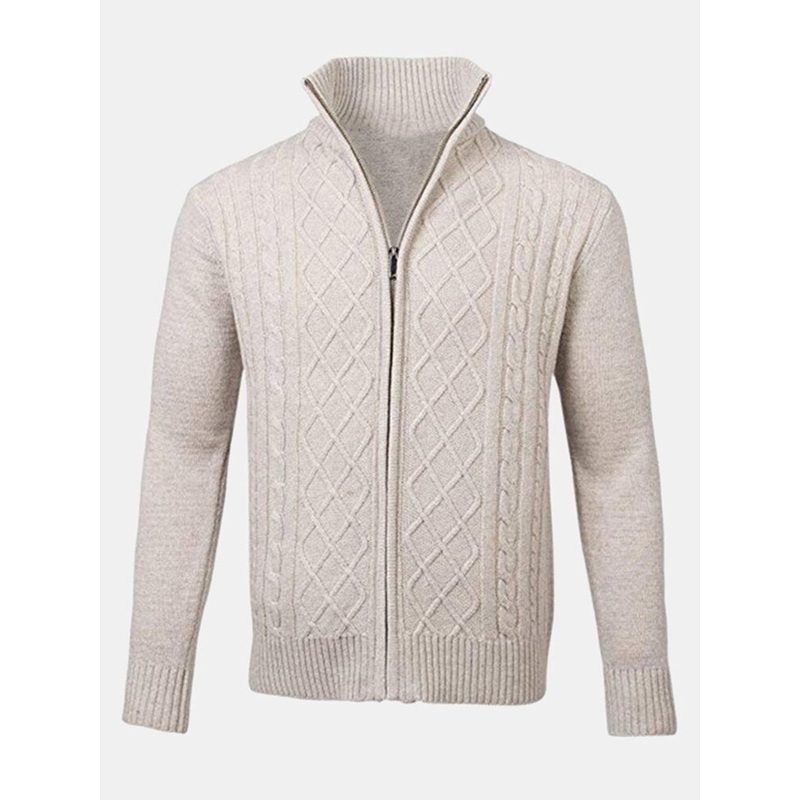 Mens Solid Color Cable Knitting Zipper Long Sleeve Warm Cardigans