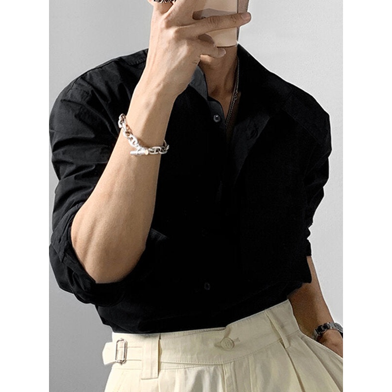 Mens Stand Collar Pocket Long Sleeve Shirt
