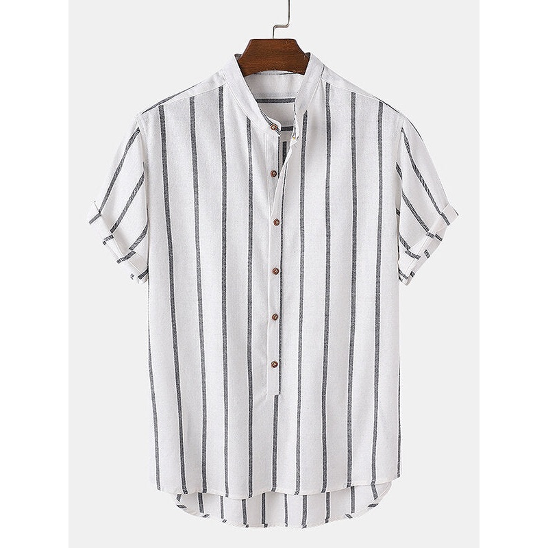 Mens Stripe Pattern Short Sleeve Button Stand Collar Shirt