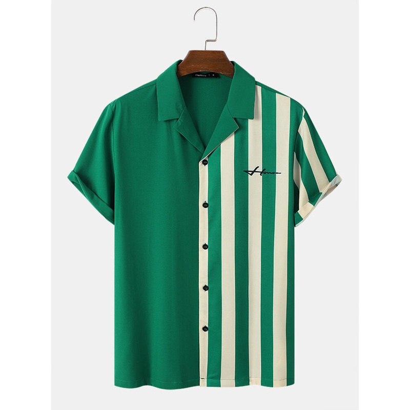 Mens Striped Patchwork Script Print Revere Collar Short Sleeve Shirts