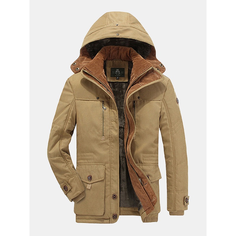 Mens Thicken Fleece Windproof Warm Winter Mid-Length Casual Hooded Parkas
