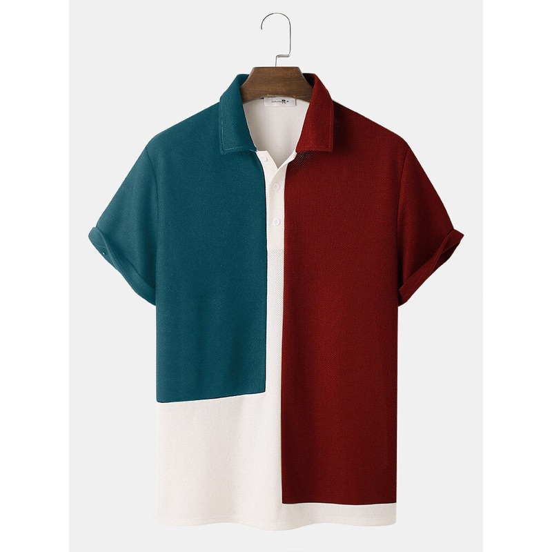 Mens Tricolor Knitted Lapel Short Sleeve Regular Hem Shirt