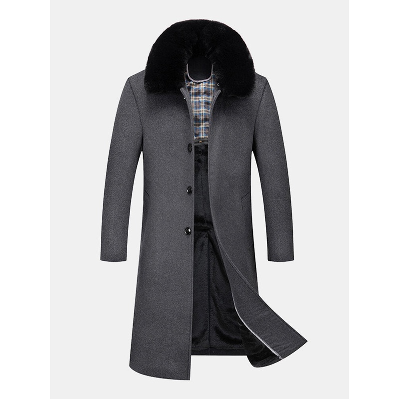 Mens Woolen Removable Collar Thicken Business Mid-Length Warm Overcoat