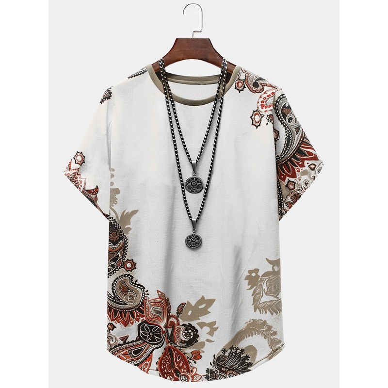 ChArmkpR Men’s Ethnic Floral Curved Hem Short Sleeve T-Shirts