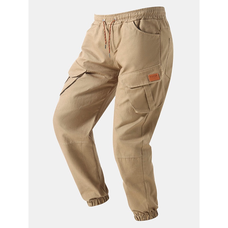 Men Solid Color Utility Pocket Street Elastic Waist Casual Cargo Pants