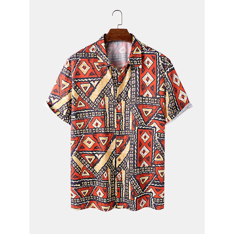 Mens Allover Ethnic Geometric Print Lapel Short Sleeve Shirts