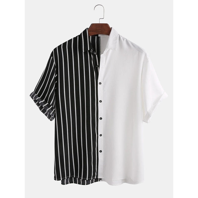 Mens Black and Stripes Patchwork Design Splicing Fashion Shirts