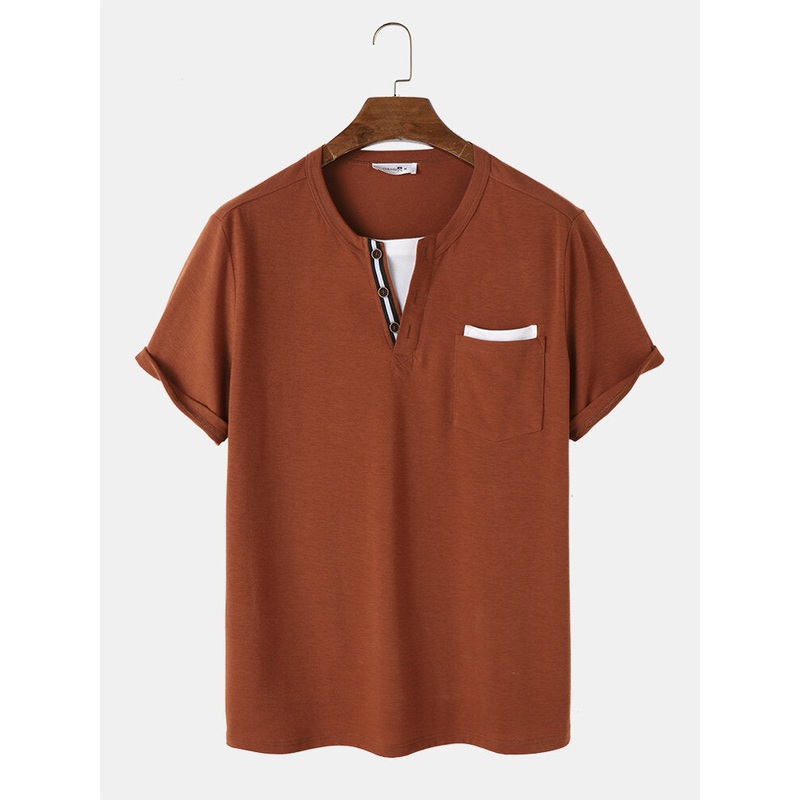 Mens Button Ribbon Design Pocket Casual Short Sleeve T-Shirts