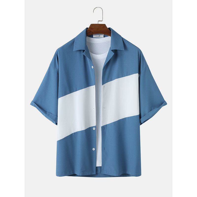 Mens Color Block Patchwork Revere Collar Loose Short Sleeve Shirts