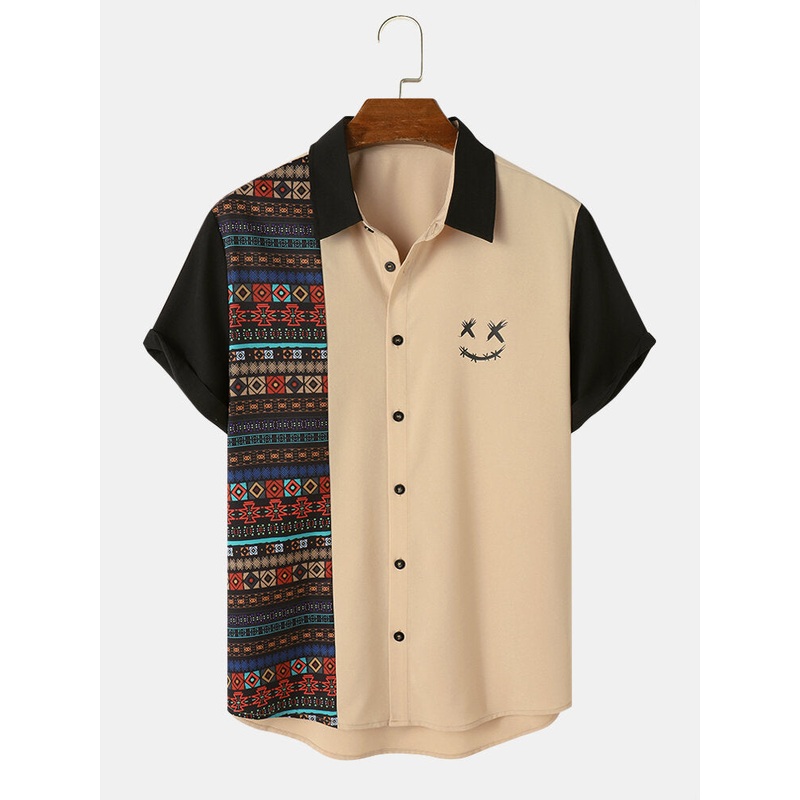 Mens Colorful Geometric & Smile Face Print Patchwork Short Sleeve Shirts