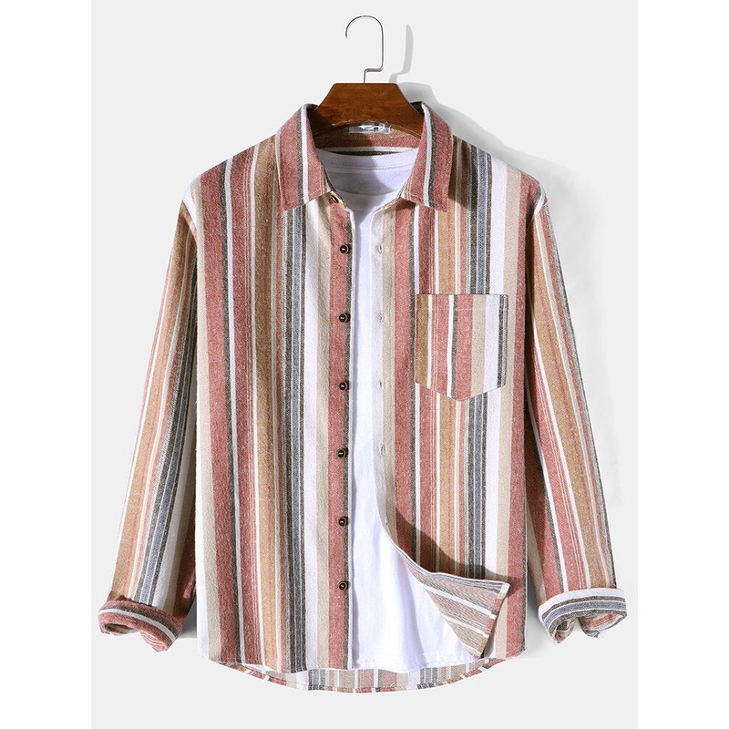 Mens Colorful Striped Chest Pocket Cotton Long Sleeve Shirts