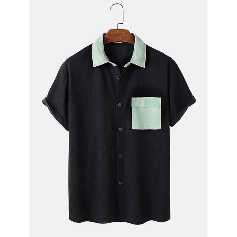Mens Contrast Faux Suede Detail Corduroy Casual Short Sleeve Shirts