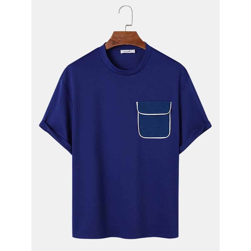 Mens Contrast Flap Pocket Crew Neck Loose Short Sleeve T-Shirts