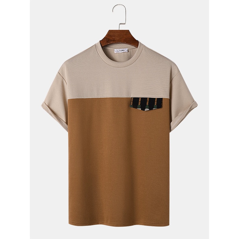 Mens Contrast Patchwork Flap Pocket Decoration Short Sleeve T-Shirts