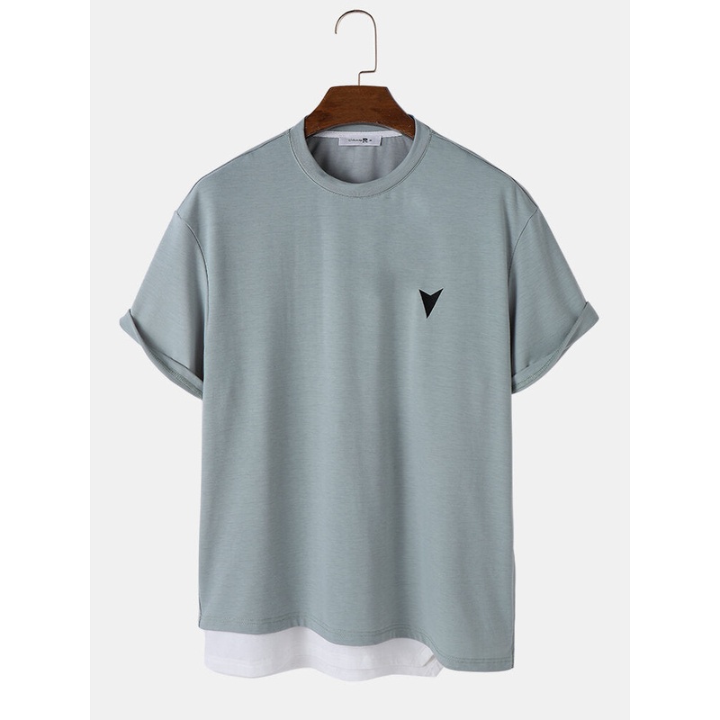 Mens Embroidered Contrast Patchwork Hem Side Zip Short Sleeve T-Shirts