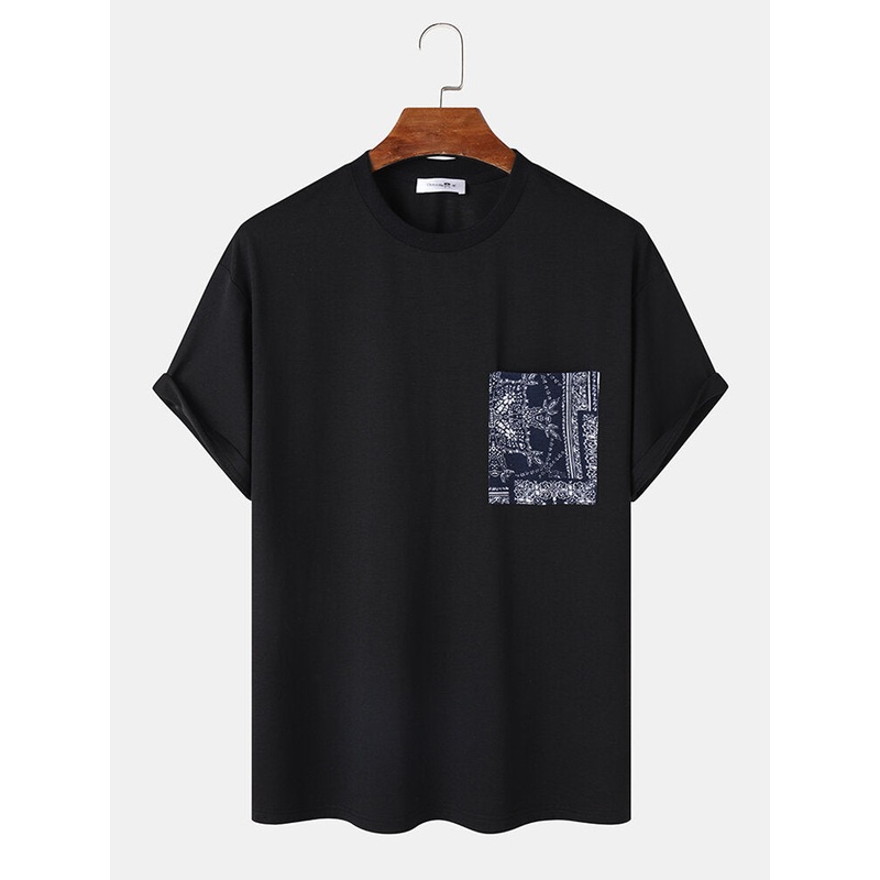 Mens Ethnic Floral Print Chest Pocket Crew Neck Short Sleeve T-Shirts