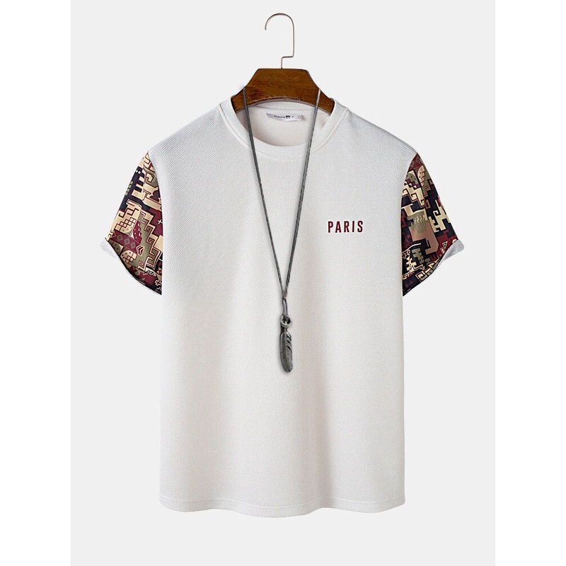 Mens Ethnic Geometric Letter Print Knit Short Sleeve T-Shirts