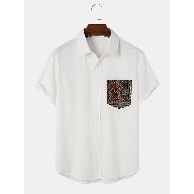 Mens Ethnic Geometric Pattern Chest Pocket Cotton Short Sleeve Shirts