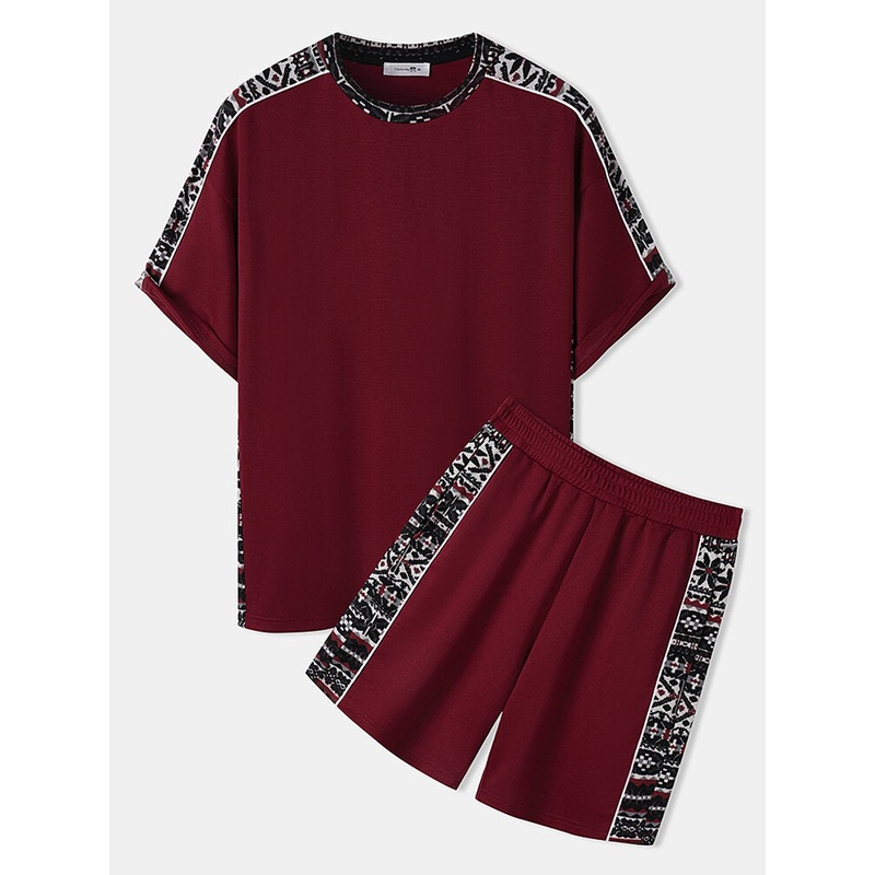 Mens Ethnic Geometric Piped Stitching Crew Neck Two Pieces Outfits