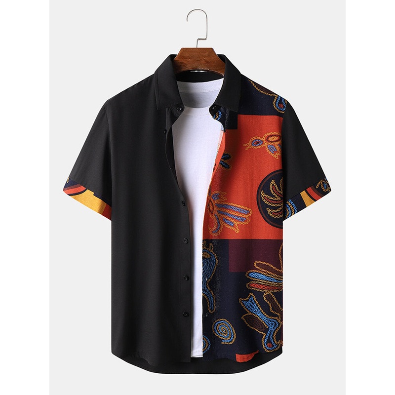 Mens Ethnic Pattern Color Block Patchwork Short Sleeve Shirts