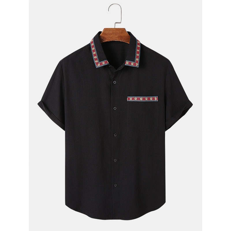 Mens Ethnic Pattern Ribbon Detail Cotton Short Sleeve Shirts