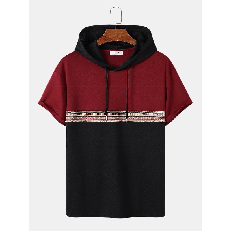 Mens Ethnic Pattern Ribbon Patchwork Short Sleeve Hooded T-Shirts