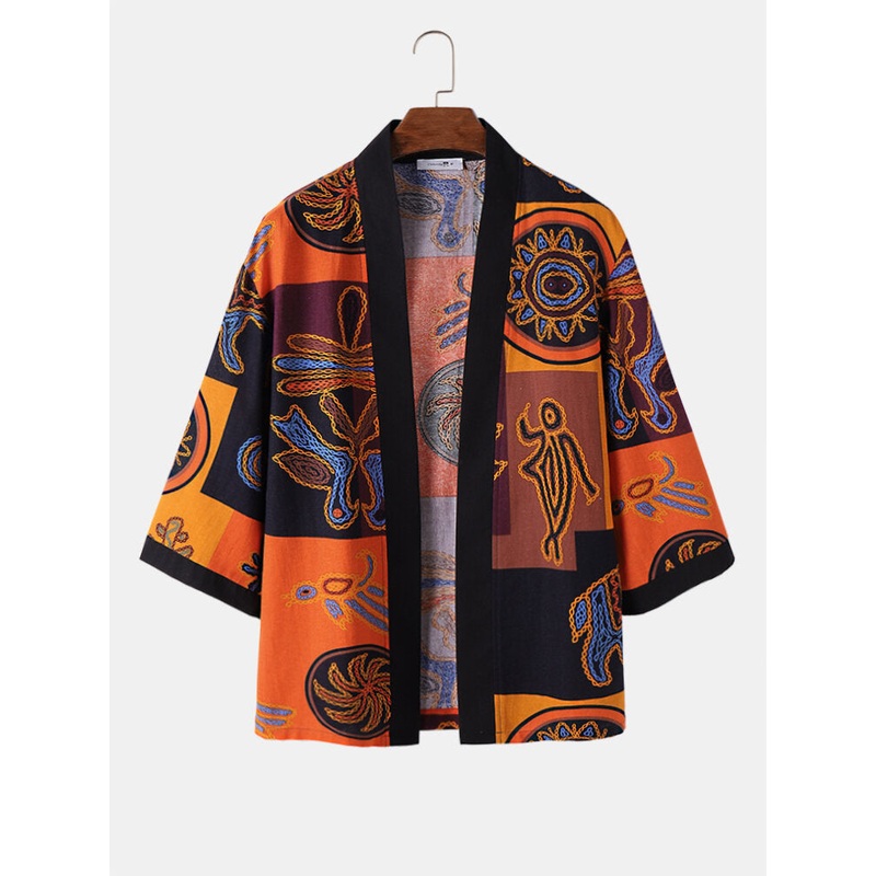 Mens Ethnic Totem Color Block Contrast Trim Cotton Kimono