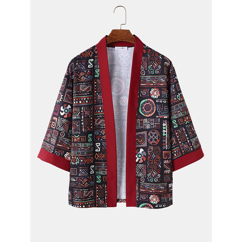 Mens Ethnic Tribal Geometric Print Contrast Trim Loose Kimono
