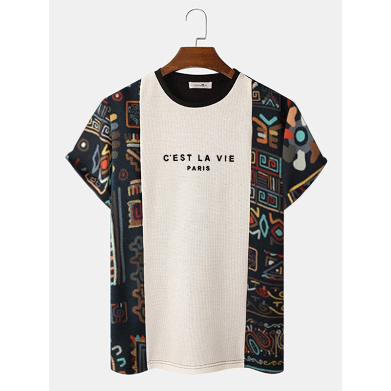 Mens Ethnic Tribal Pattern Letter Embroidered Knit Short Sleeve T-Shirts