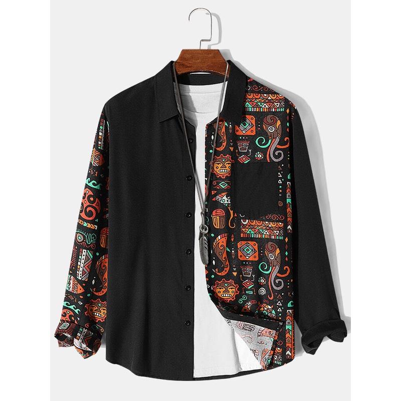 Mens Ethnic Tribal Pattern Patchwork Lapel Long Sleeve Shirts
