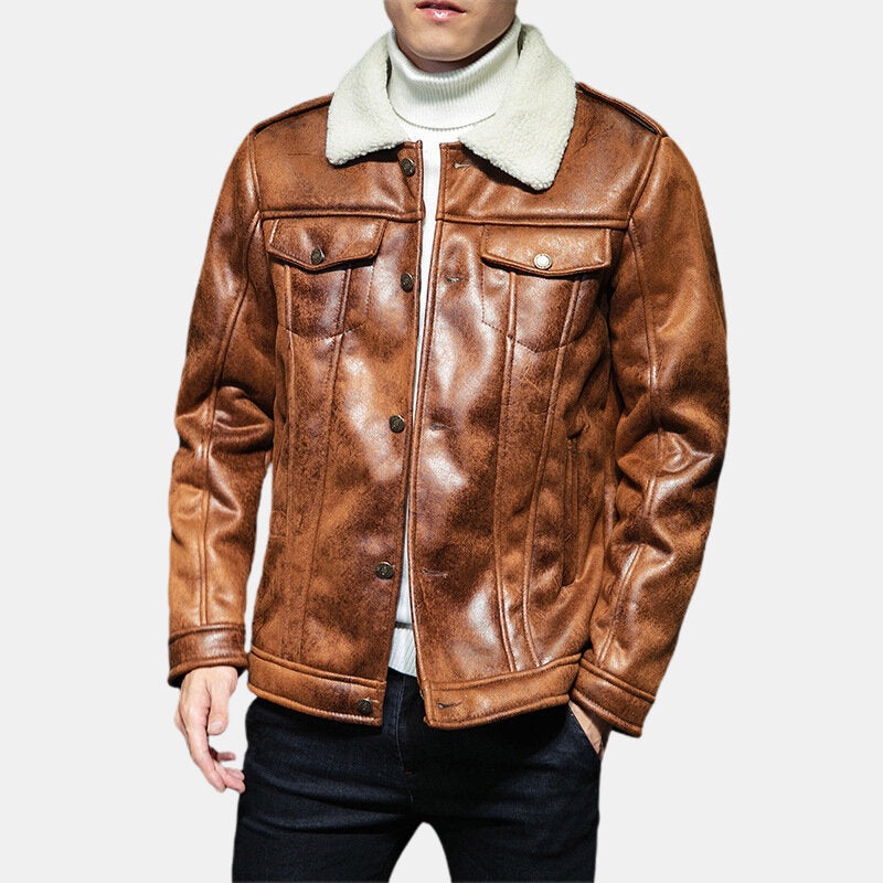 Mens Fashion Berber Fleece Thickened Jacket Turn Down Collar Casual Coats
