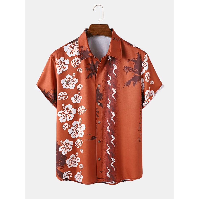 Mens Floral Coconut Tree Print Lapel Short Sleeve Shirts