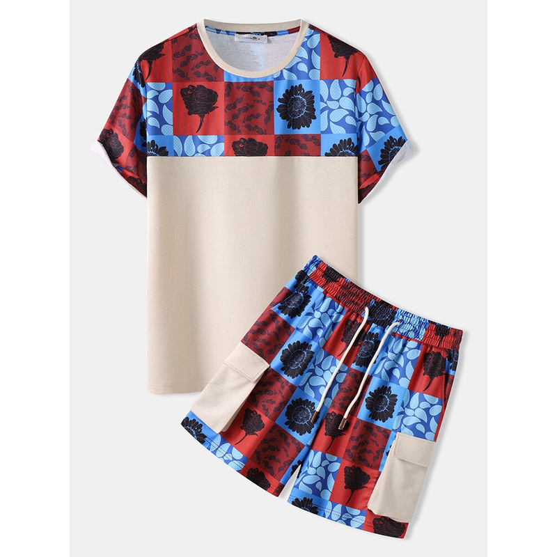 Mens Floral Graphic Stitching Cargo Shorts Two Pieces Outfits