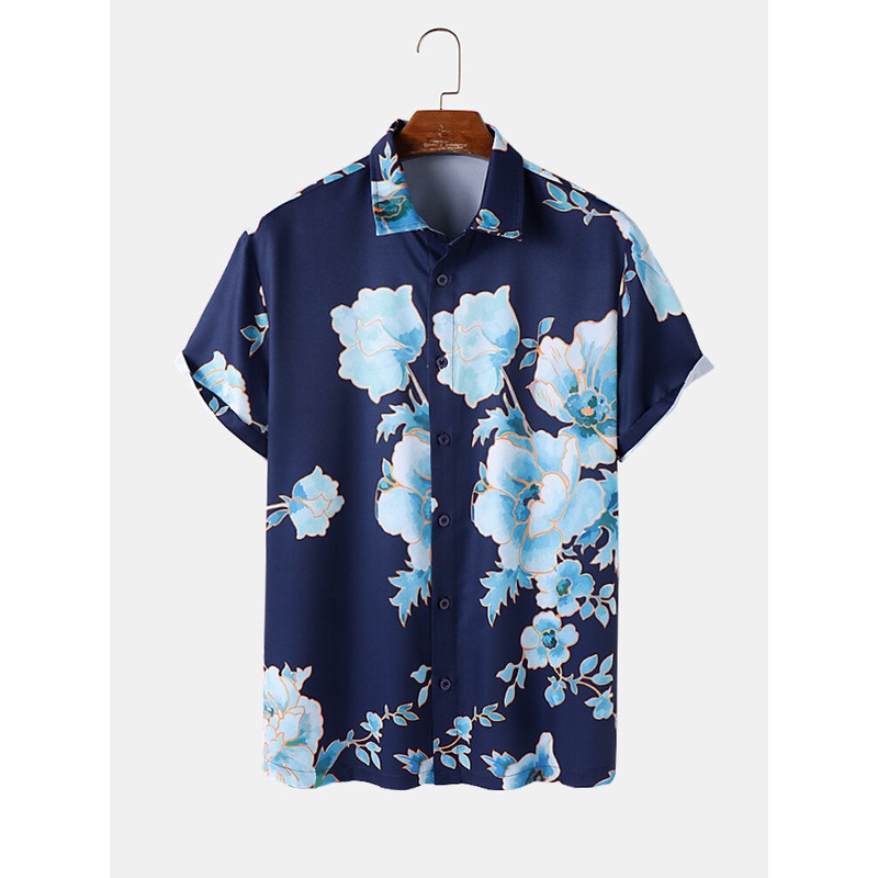 Mens Floral Plant Print Lapel Button Up Short Sleeve Shirts