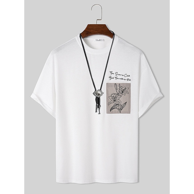 Mens Floral Print Chest Pocket Crew Neck Short Sleeve T-Shirts