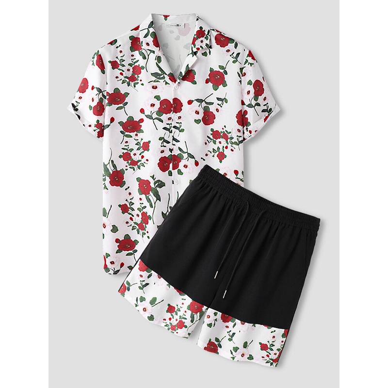 Mens Floral Print Patchwork Revere Collar Two Pieces Outfits