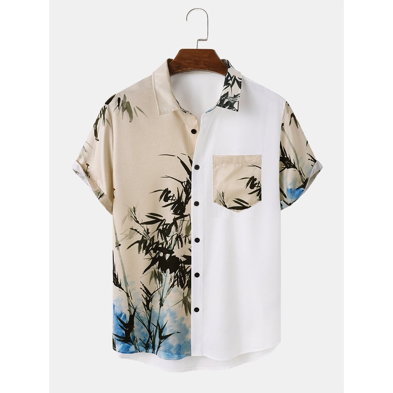 Mens Ink Bamboo Print Patchwork Button Up Short Sleeve Shirts