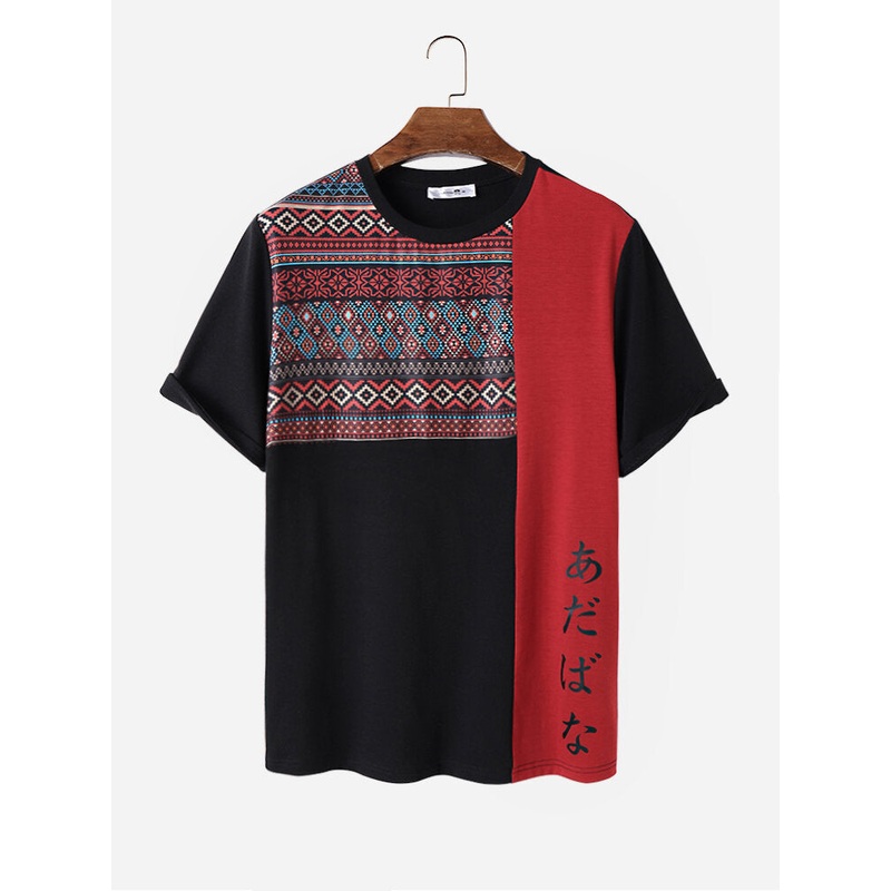Mens Japanese Geometric Print Patchwork Crew Neck Short Sleeve T-Shirts