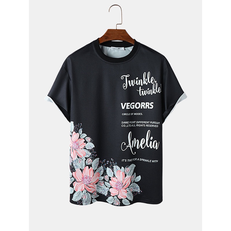 Mens Letter Floral Print Crew Neck Short Sleeve T-Shirts